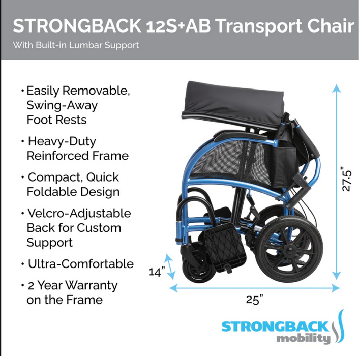 Strongback Mobility Excursion Small: 12S+AB Transport Wheelchair
